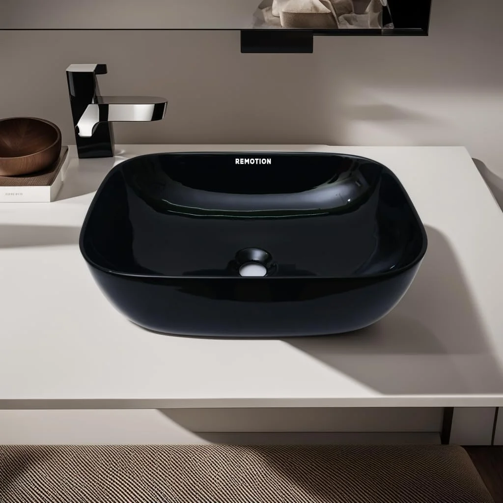 روشویی سرامیکی رومیزی REMOTION | روشویی کاسه ای | سینک روشویی روکار برای حمام، هتل، اتاق نشیمن (45.72x33.02x13.97 سانتی متر) (مرمری مشکی - براق)