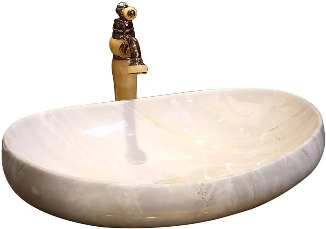 روشویی سرامیکی SMLZV، سینک روشویی مدرن و ساده، کاسه هنری بیضی شکل سرامیکی، کاسه روشویی روکار (64x12.5x16 سانتی متر)