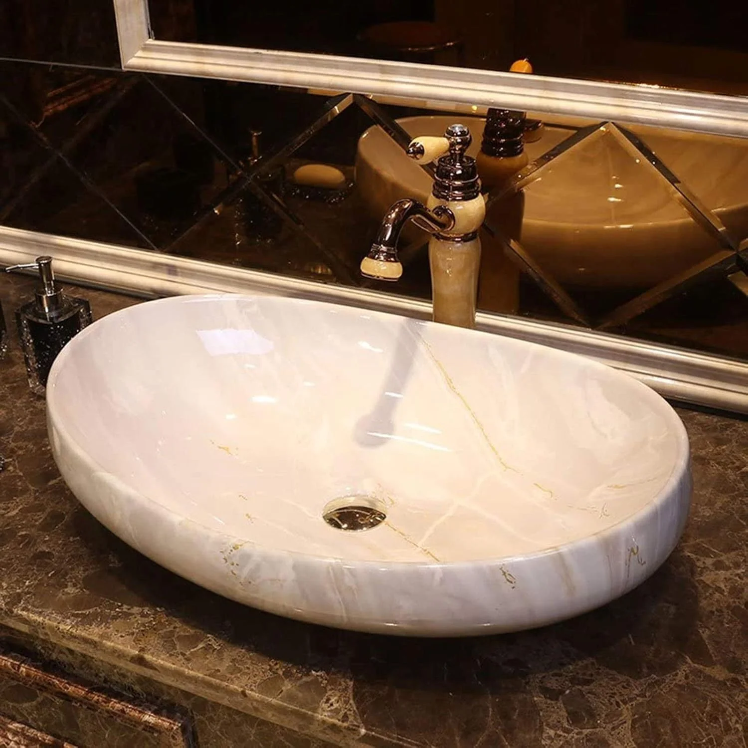 روشویی سرامیکی SMLZV، سینک روشویی مدرن و ساده، کاسه هنری بیضی شکل سرامیکی، کاسه روشویی روکار (64x12.5x16 سانتی متر)