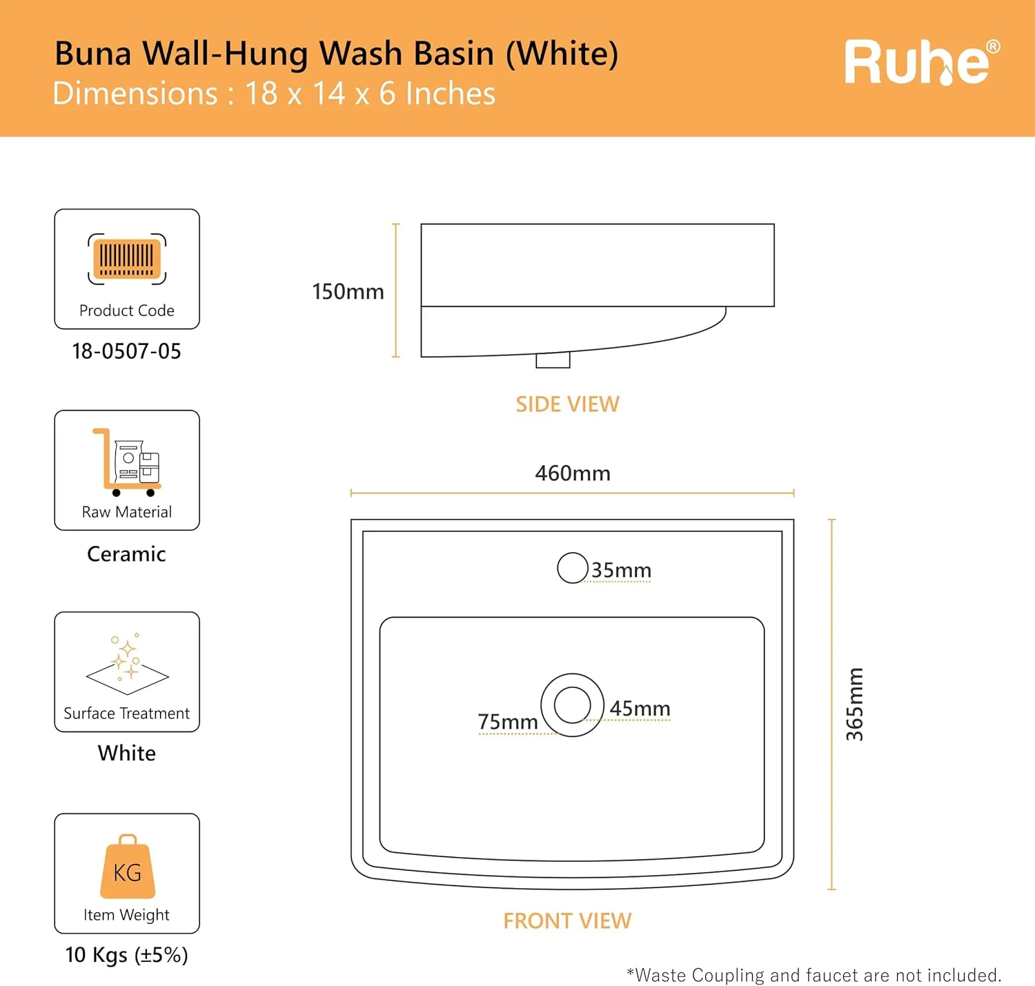 روشویی دیواری سرامیکی Ruhe Buna (45.72x35.56x15.24 سانتی متر) - سفید، روشویی با روکش براق، سینک نصب شده روی دیوار برای حمام، هتل ها، رستوران روشویی دیواری سرامیکی Ruhe Buna (45.72x35.56x15.24 سانتی متر) - سفید، روشویی با روکش براق، سینک نصب شده روی دیوار برای حمام، هتل ها، رستوران