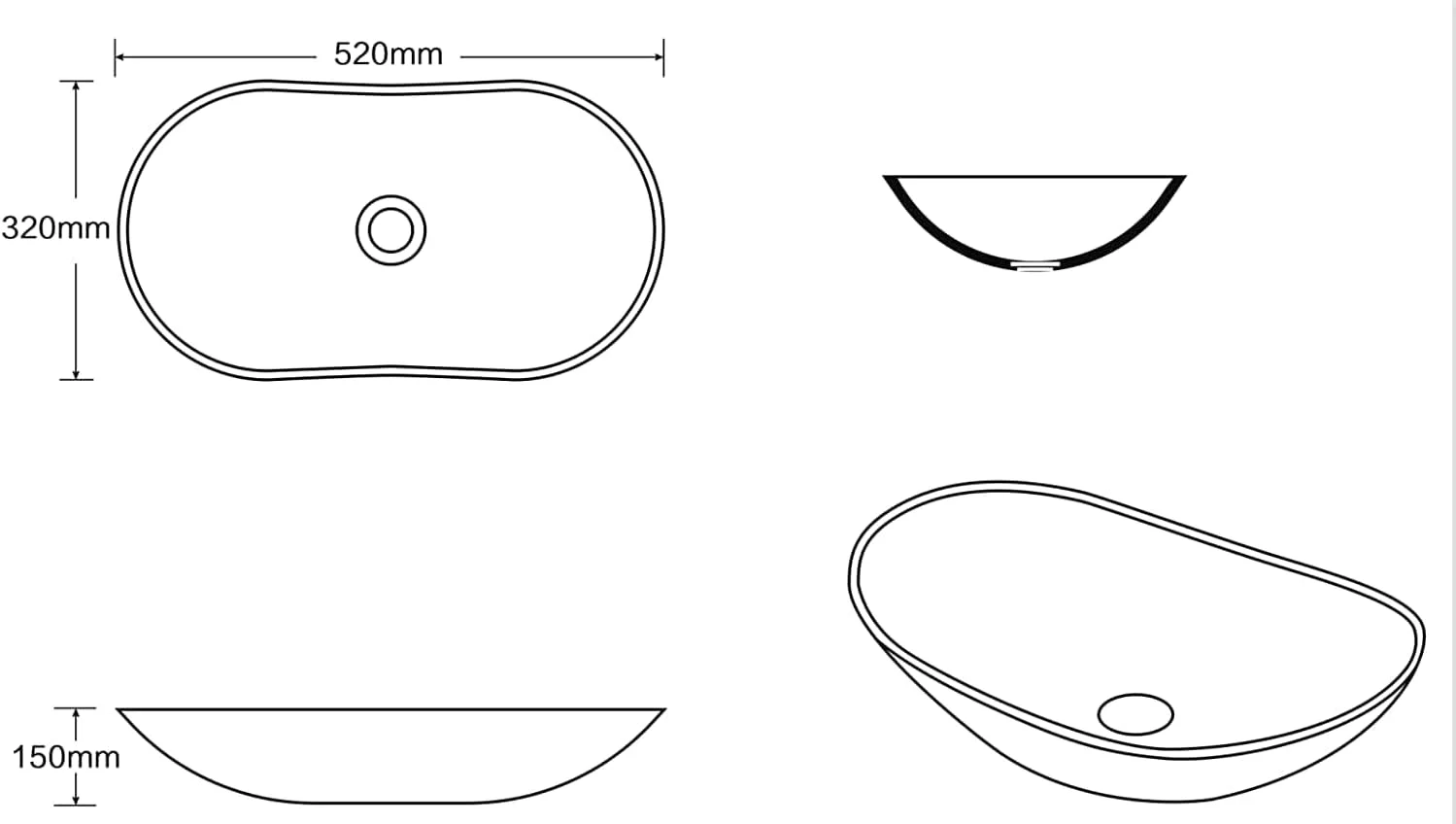 روشویی شوانلین 52x32x14 سانتی متر، کاسه روشویی سرامیکی سفید با طراحی گرد