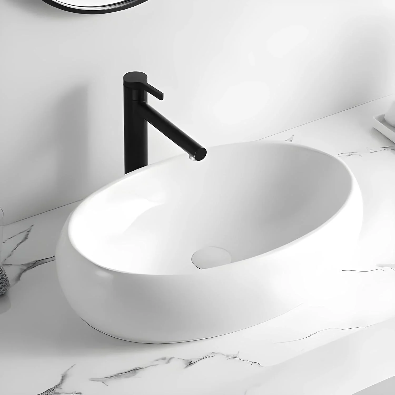 روشویی رومیزی رِموشن | سینک سرامیکی بیضی شکل مناسب حمام | روشویی سرامیکی (سفید براق)