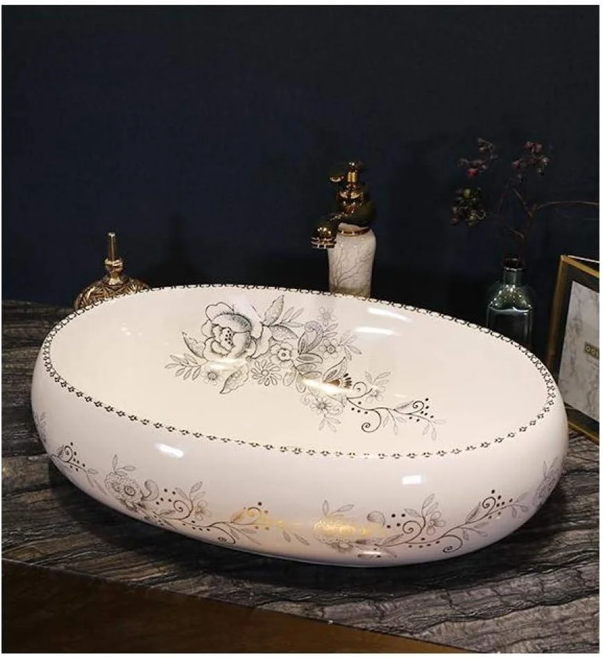 روشویی روکار ROLTIN، هنر دست، چینی، بیضی شکل، مناسب حمام، سرامیکی، سینک روشویی، سینک حمام، سفید - فقط سینک (یک عدد) (فقط سینک)