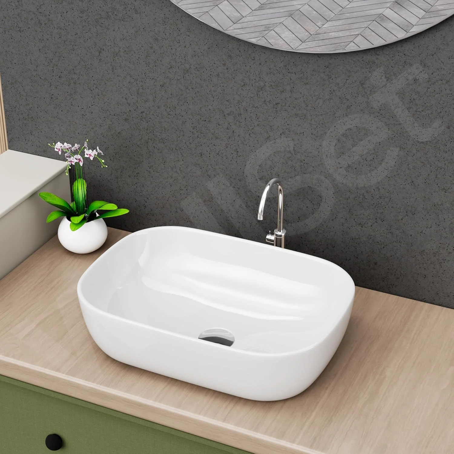 روشویی سرامیکی رومیزی طرح دار برای حمام | کاسه روشویی مدرن برای قسمت شستشو و روشویی آرایشی | روشویی سرامیکی سفید بیضی شکل - 45x33x12 سانتی متر