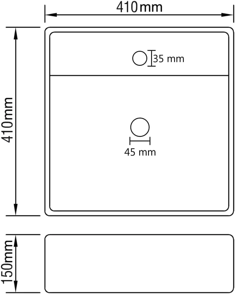 روشویی سرامیکی مربعی لوکس ویداایکس ال، روکش سفید مات، 41x41 سانتی متر، دارای سرریز، سوراخ شیر آب 3.5 سانتی متری، نصب روکار یا دیواری