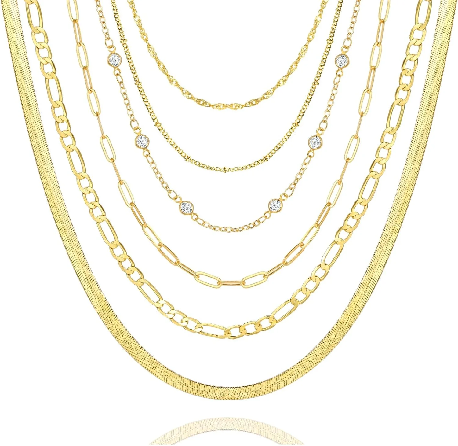 ست 6 عددی گردنبند زنجیری طلایی لایه ای زنانه، ست گردنبند چوکر ظریف با روکش طلای 18 عیار، گردنبندهای لایه ای قابل تنظیم، برای زنان