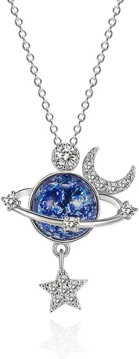 گردنبند ستاره TERRIFI، گردنبند سیاره فانتزی ماه ستاره زیرکون نقره 925، هدیه برای دختر، نوه و خانم ها، دوستی، خانواده، جواهرات عشق