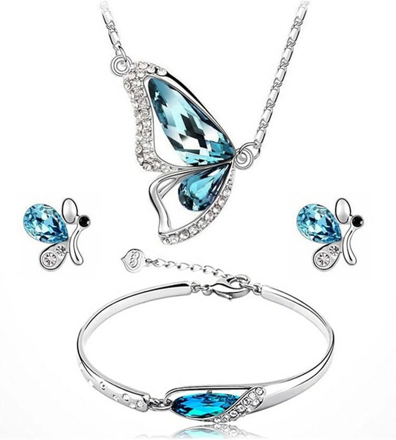 ست جواهرات پروانه ای TERRIFI، گردنبند آویز زنجیره ای شیک پروانه ای، ست گوشواره دستبند گردنبند آویز پروانه ای نقره ای، جواهرات سنگ تولد گردنبند پروانه ای برای زنان و دختران، قرمز