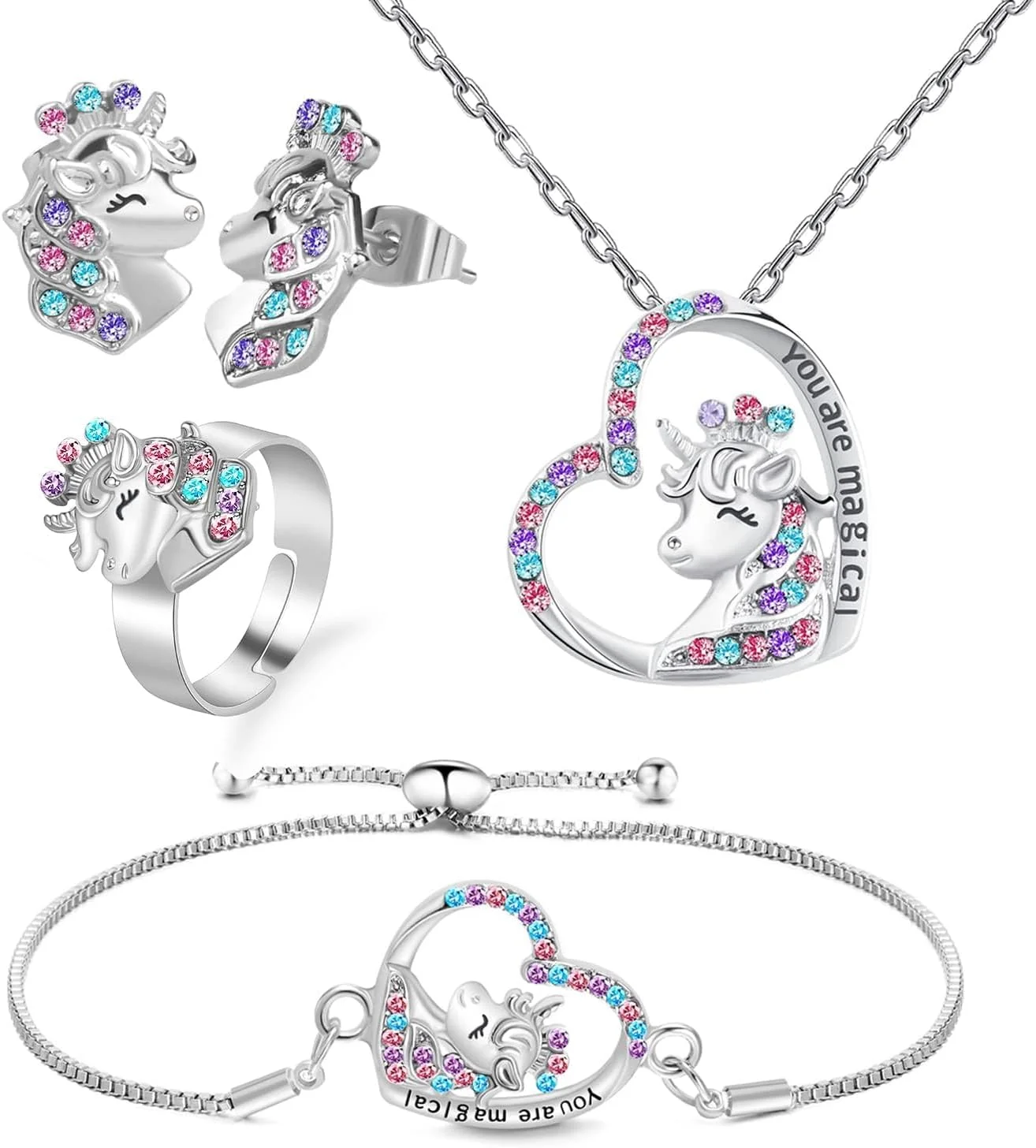 ست جواهرات 4 تکه دخترانه طرح اسب تک شاخ، شامل گردنبند، دستبند، انگشتر و گوشواره های میخی، آویز قلب، نقره ای، مناسب هدیه تولد دخترانه
