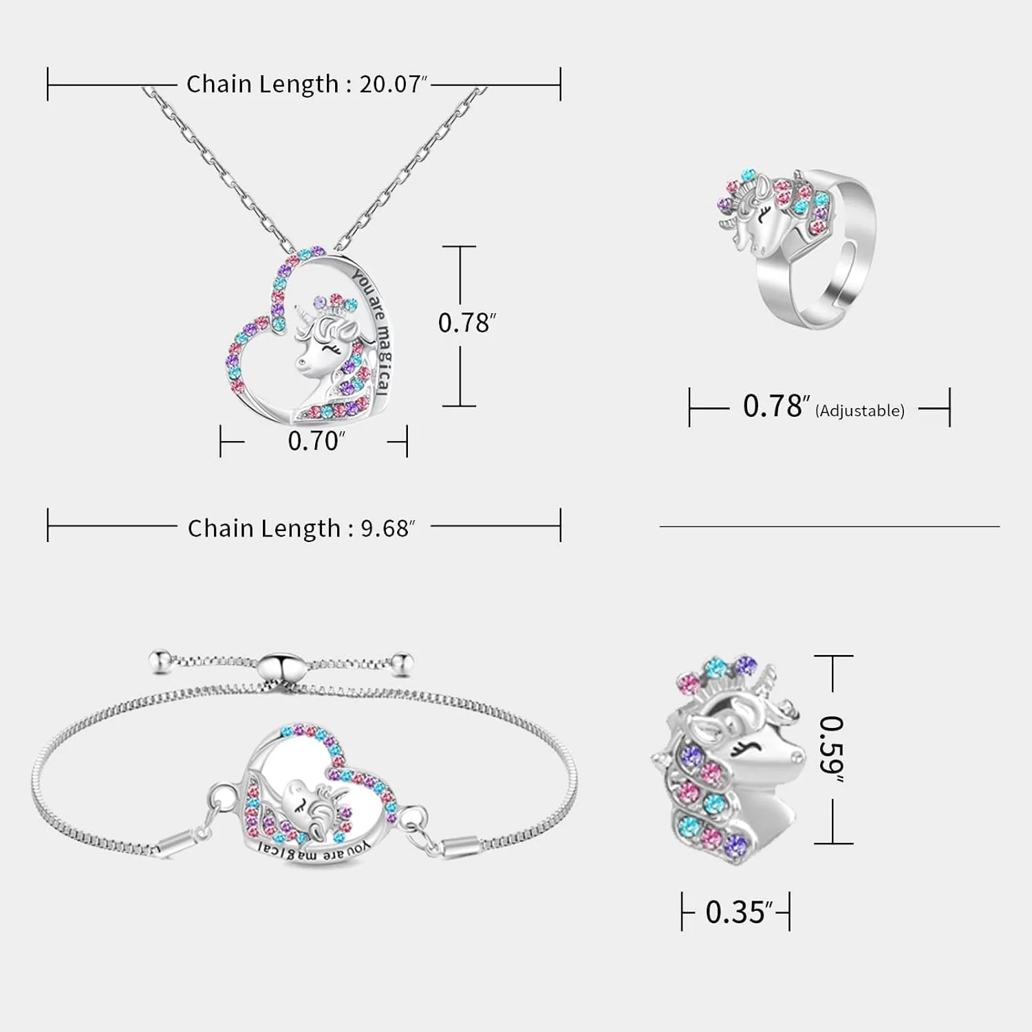 ست جواهرات 4 تکه دخترانه طرح اسب تک شاخ، شامل گردنبند، دستبند، انگشتر و گوشواره های میخی، آویز قلب، نقره ای، مناسب هدیه تولد دخترانه