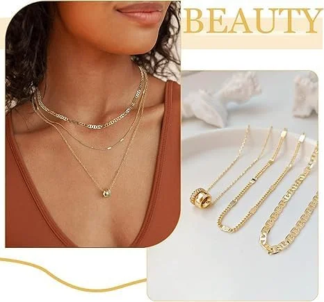 گردنبند طلایی آویز لایه‌ای رُندل زنانه، گردنبند چوکر دایره‌ای ظریف و مد روز برای قرارها، مهمانی‌ها، استفاده روزمره، طلای دو رنگ با زیرکونیا، 3 تکه