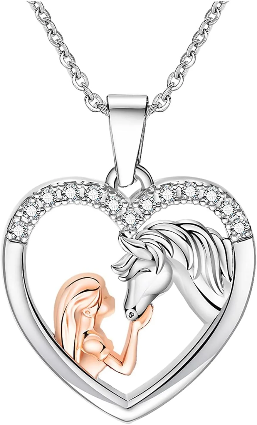 گردنبند نقره ای اسب TERRIFI برای دختران - آویز قلب استیل ضد زنگ با نگین زیرکونیا، مناسب برای تولد، کریسمس و روز مادر، جواهرات اسب برای زنان