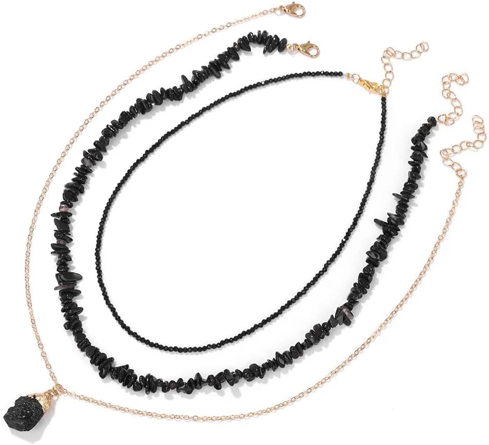 گردنبندهای کریستالی زنانه، چوکر مهره‌ای سنگ تورمالین سیاه، گردنبند آویز جواهر طلایی لایه‌ای، زیورآلات ساحلی زنانه