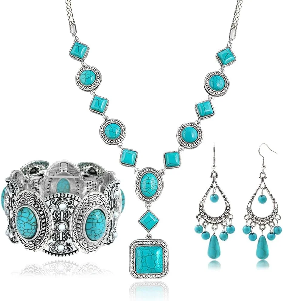 ست سه تکه بوهمی TERRIFI: گردنبند آویز فیروزه ای، گوشواره های آویز قدیمی، دستبند کشی