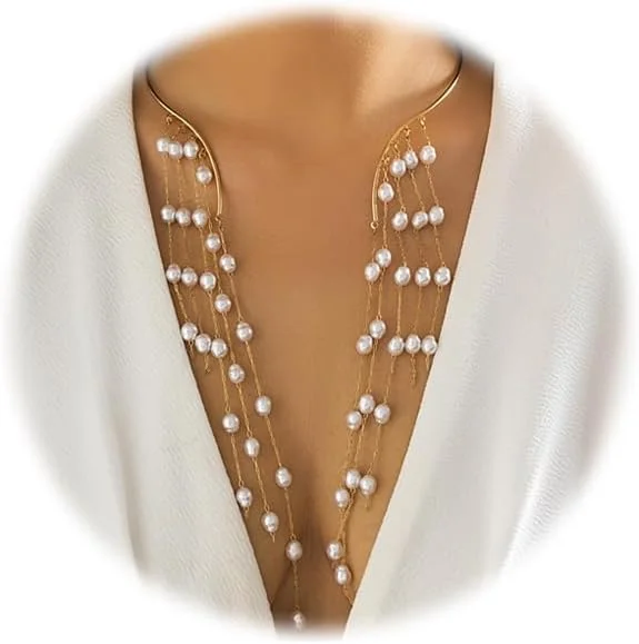گردنبند چوکر مروارید بزرگ طلایی قابل تنظیم برای زنان، گردنبند زنجیره ای بیانیه یقه کاف شیک. چوکر مروارید باز فلزی ساده، جواهرات بدن سینه مروارید برای زنان.