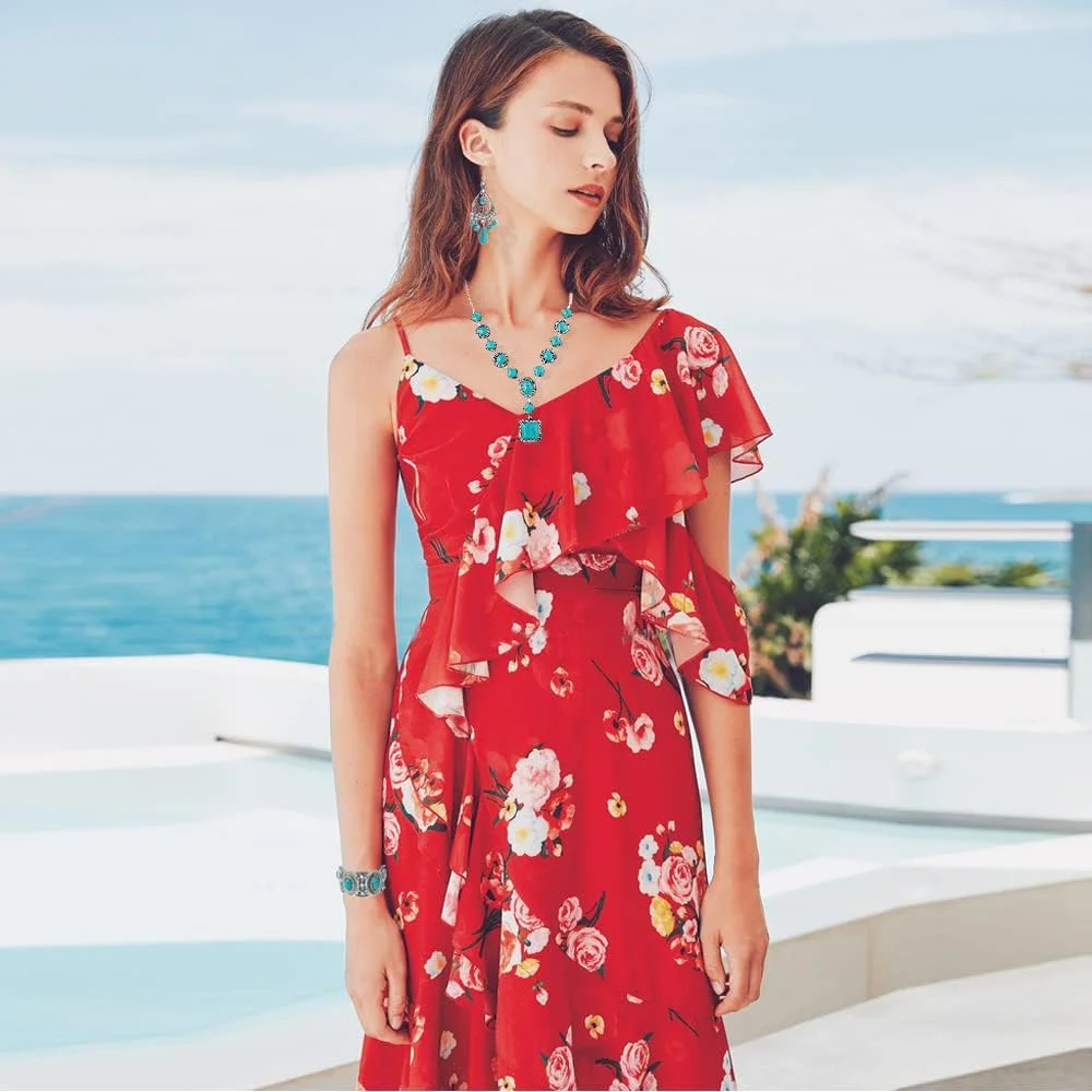 ست سه تکه بوهمی TERRIFI: گردنبند آویز فیروزه ای، گوشواره های آویز قدیمی، دستبند کشی ست سه تکه بوهمی TERRIFI: گردنبند آویز فیروزه ای، گوشواره های آویز قدیمی، دستبند کشی