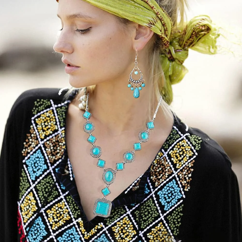 ست سه تکه بوهمی TERRIFI: گردنبند آویز فیروزه ای، گوشواره های آویز قدیمی، دستبند کشی ست سه تکه بوهمی TERRIFI: گردنبند آویز فیروزه ای، گوشواره های آویز قدیمی، دستبند کشی