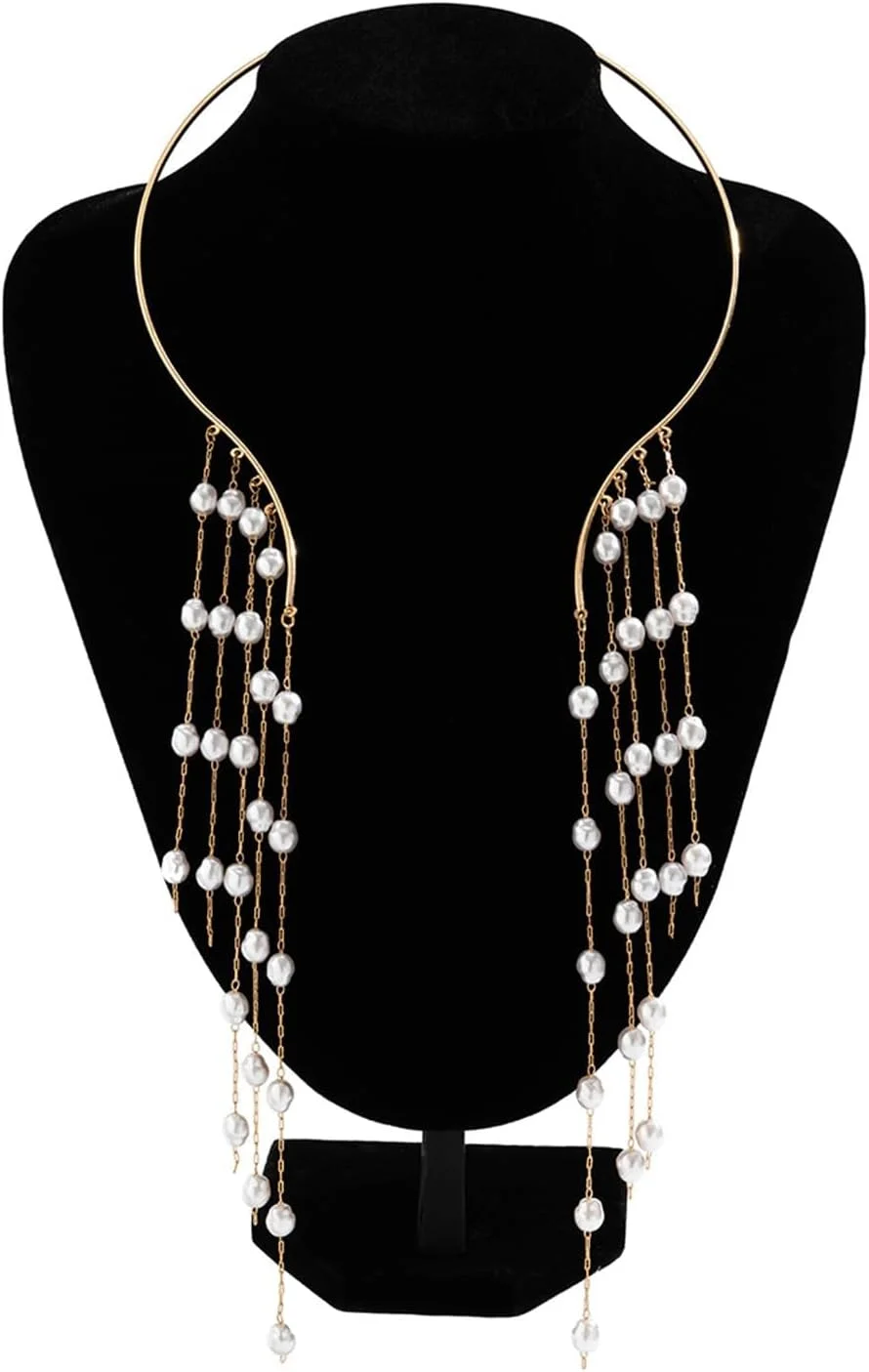 گردنبند چوکر مروارید بزرگ طلایی قابل تنظیم برای زنان، گردنبند زنجیره ای بیانیه یقه کاف شیک. چوکر مروارید باز فلزی ساده، جواهرات بدن سینه مروارید برای زنان.