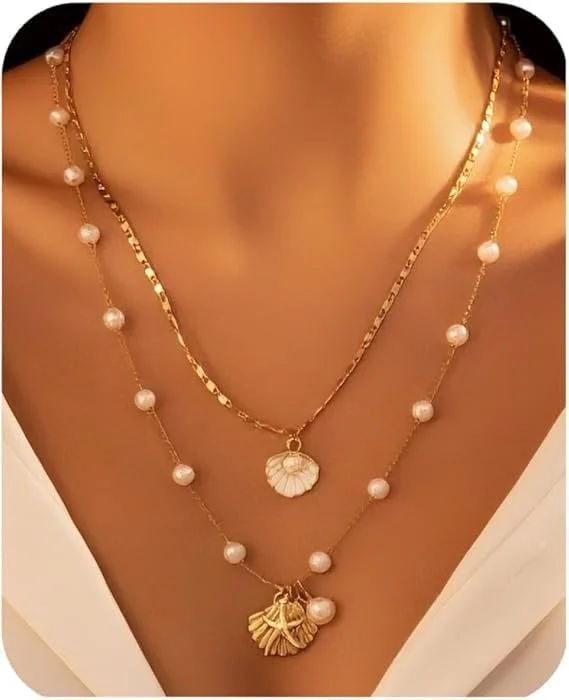 گردنبند صدف دریایی ستاره ای برای زنان، گردنبند صدف زیبا، گردنبندهای طلایی ظریف ساحلی با لهجه های مروارید، قابل تنظیم، جواهرات تعطیلات ساحلی، مقاوم در برابر تیرگی، ضد حساسیت