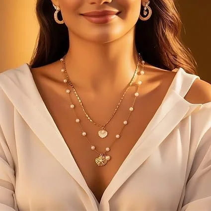 گردنبند صدف دریایی ستاره ای برای زنان، گردنبند صدف زیبا، گردنبندهای طلایی ظریف ساحلی با لهجه های مروارید، قابل تنظیم، جواهرات تعطیلات ساحلی، مقاوم در برابر تیرگی، ضد حساسیت