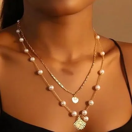 گردنبند صدف دریایی ستاره ای برای زنان، گردنبند صدف زیبا، گردنبندهای طلایی ظریف ساحلی با لهجه های مروارید، قابل تنظیم، جواهرات تعطیلات ساحلی، مقاوم در برابر تیرگی، ضد حساسیت