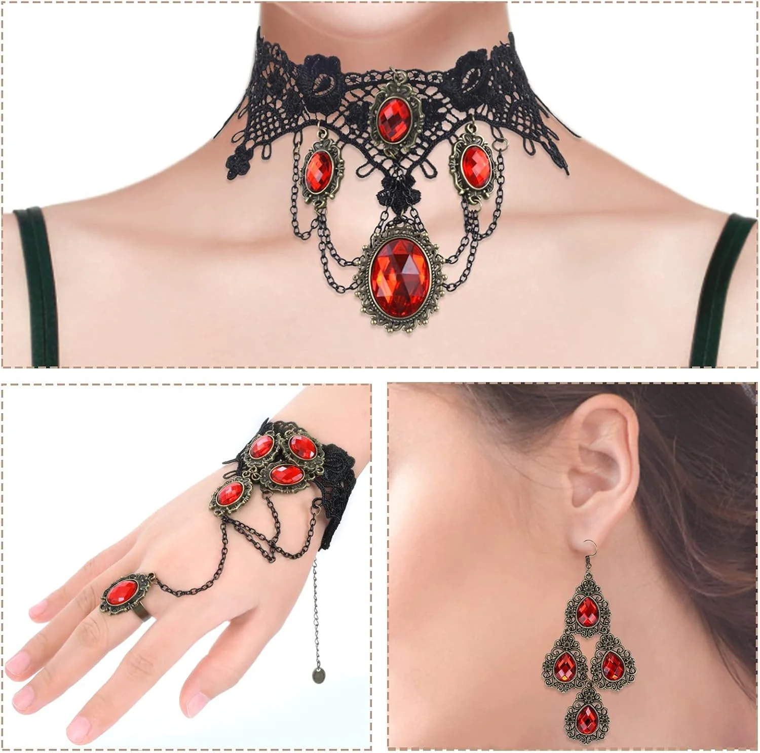 ست جواهرات گردنبند گوتیک زنانه، گردنبند توری مشکی با دستبند و گوشواره، لوازم جانبی گوتیک پانک برای مهمانی عروسی و جشن بالماسکه ست جواهرات گردنبند گوتیک زنانه، گردنبند توری مشکی با دستبند و گوشواره، لوازم جانبی گوتیک پانک برای مهمانی عروسی و جشن بالماسکه