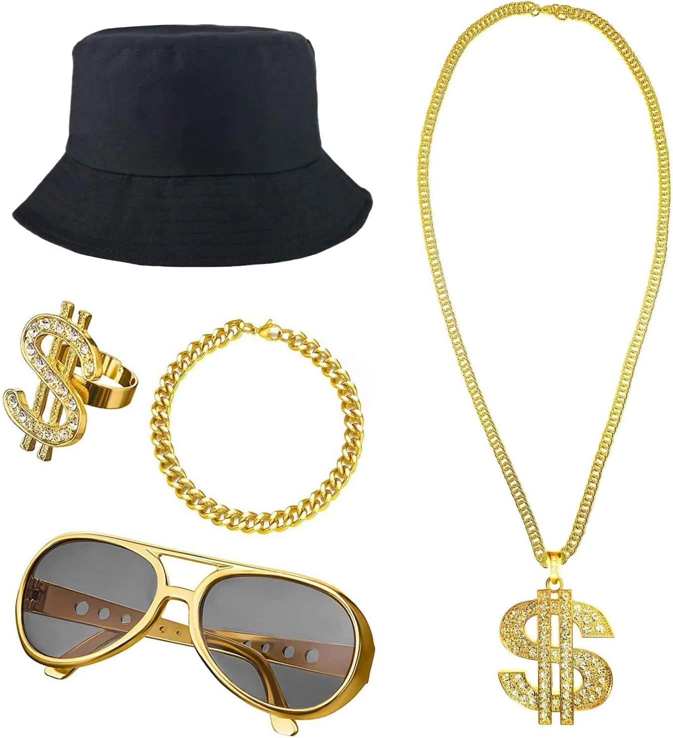 ست 5 تکه لوازم جانبی هیپ هاپ شامل کلاه سطلی، عینک آفتابی، زنجیر علامت دلار، انگشتر و دستبند ست 5 تکه لوازم جانبی هیپ هاپ شامل کلاه سطلی، عینک آفتابی، زنجیر علامت دلار، انگشتر و دستبند