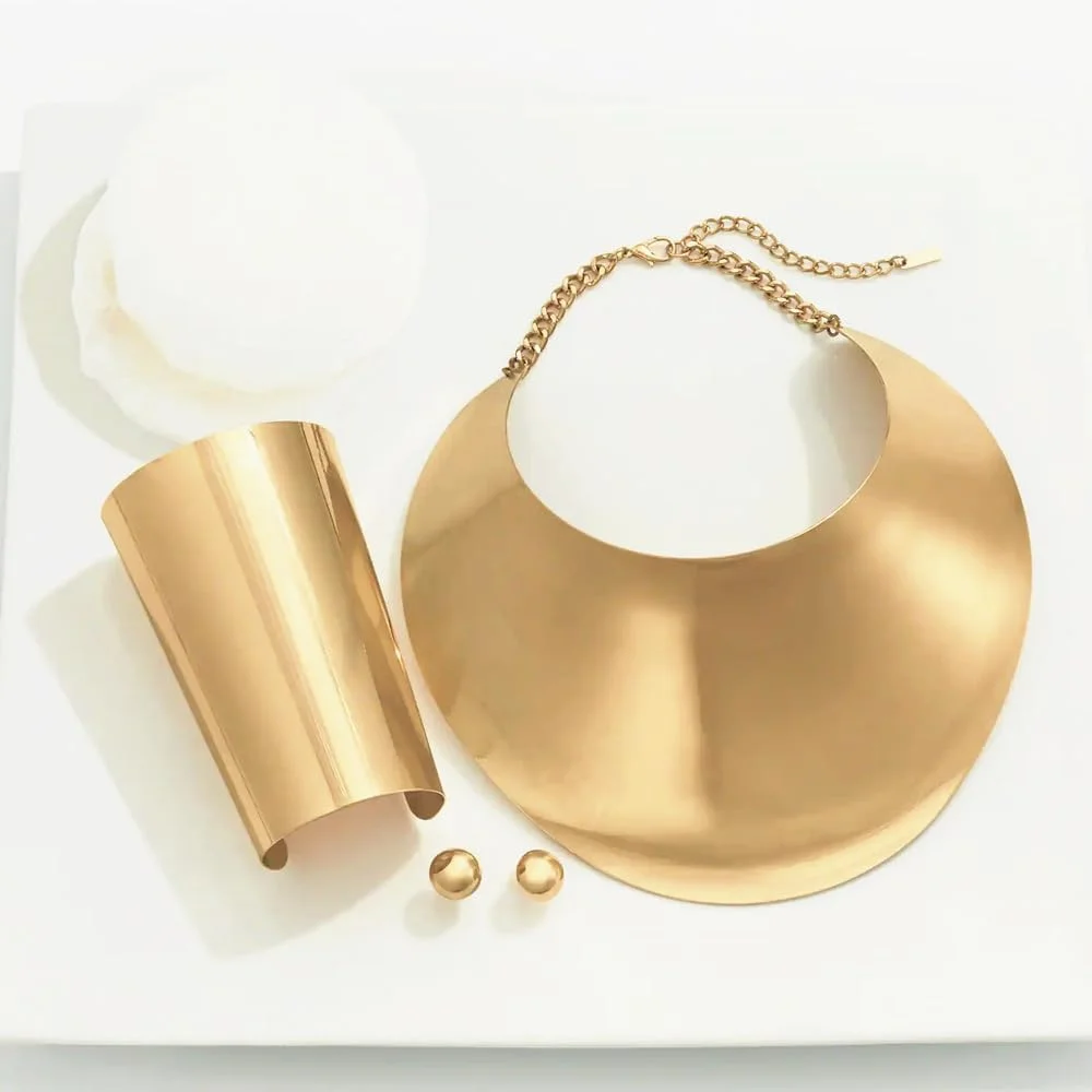 ست گردنبند و گوشواره آفریقایی زنانه، گردنبند چوکر نقره ای طلایی ضخیم، زیورآلات مصری، ست زیورآلات طلایی - هدیه زیورآلات گردنبند برای دختران