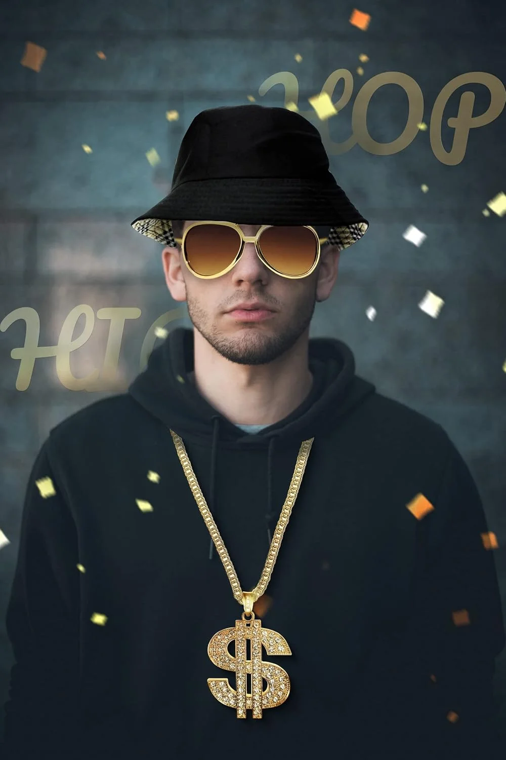 ست 5 تکه لوازم جانبی هیپ هاپ شامل کلاه سطلی، عینک آفتابی، زنجیر علامت دلار، انگشتر و دستبند