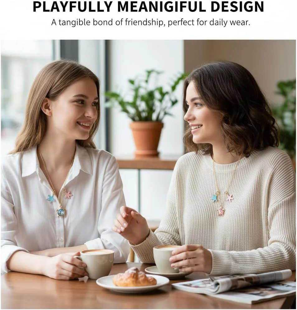 ست گردنبند BFF، هدیه جواهرات دوستی، جواهرات هماهنگ دوستی، آویز ستاره دریایی و لاک پشت و دلفین برای بهترین دوستان، خواهران، صمیمی ترین ها، هدیه های زیبای زوج، 2 تکه، طلایی