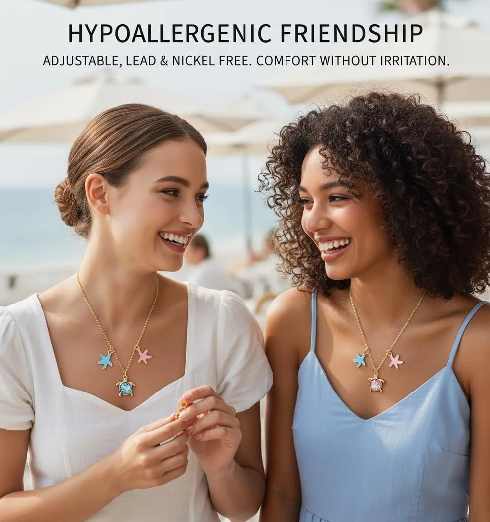 ست گردنبند BFF، هدیه جواهرات دوستی، جواهرات هماهنگ دوستی، آویز ستاره دریایی و لاک پشت و دلفین برای بهترین دوستان، خواهران، صمیمی ترین ها، هدیه های زیبای زوج، 2 تکه، طلایی