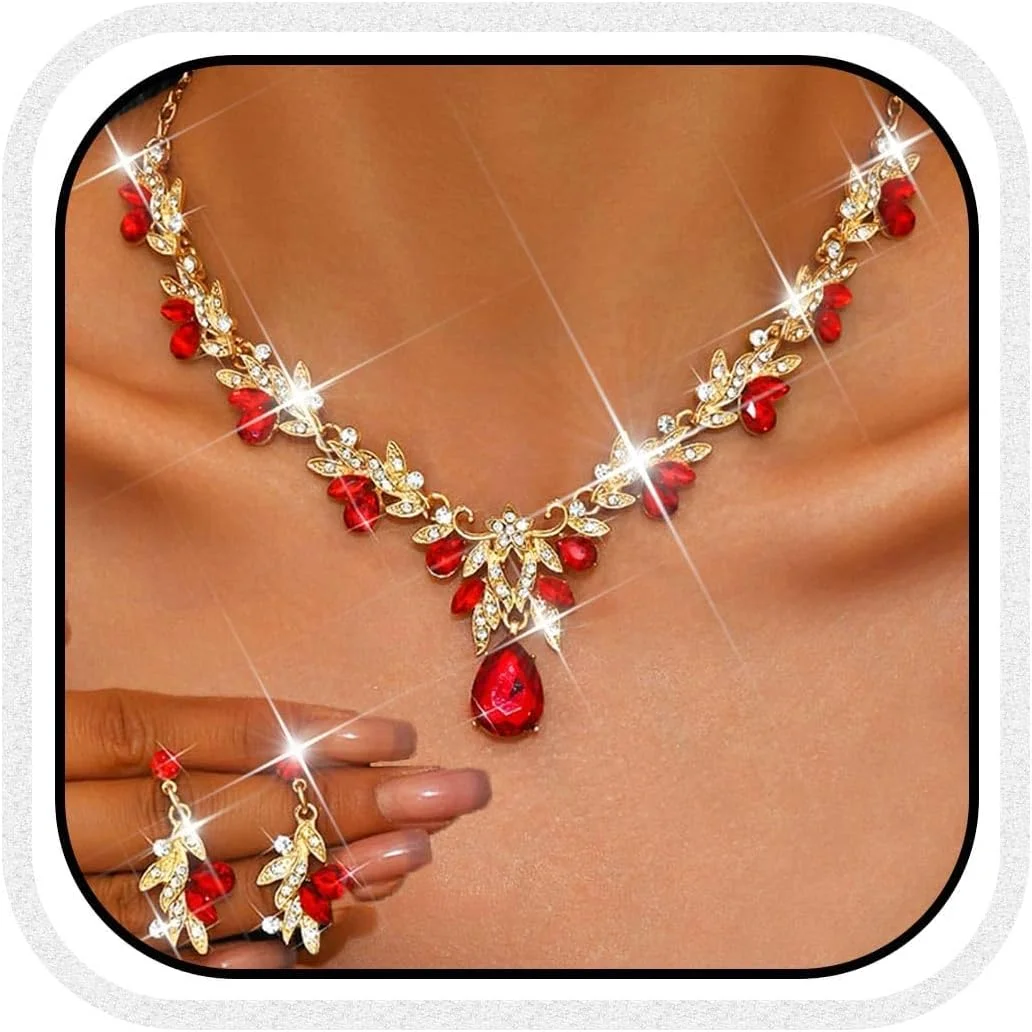 ست جواهرات عروس نگیندار، گردنبند و گوشواره برگ طلایی شیک، جواهرات درخشان برای جشنها و مراسم رسمی بانوان و عروسها، ایدهآل برای عروسی، مهمانیها و مناسبتهای ویژه (قرمز) ست جواهرات عروس نگیندار، گردنبند و گوشواره برگ طلایی شیک، جواهرات درخشان برای جشنها و مراسم رسمی بانوان و عروسها، ایدهآل برای عروسی، مهمانیها و مناسبتهای ویژه (قرمز)