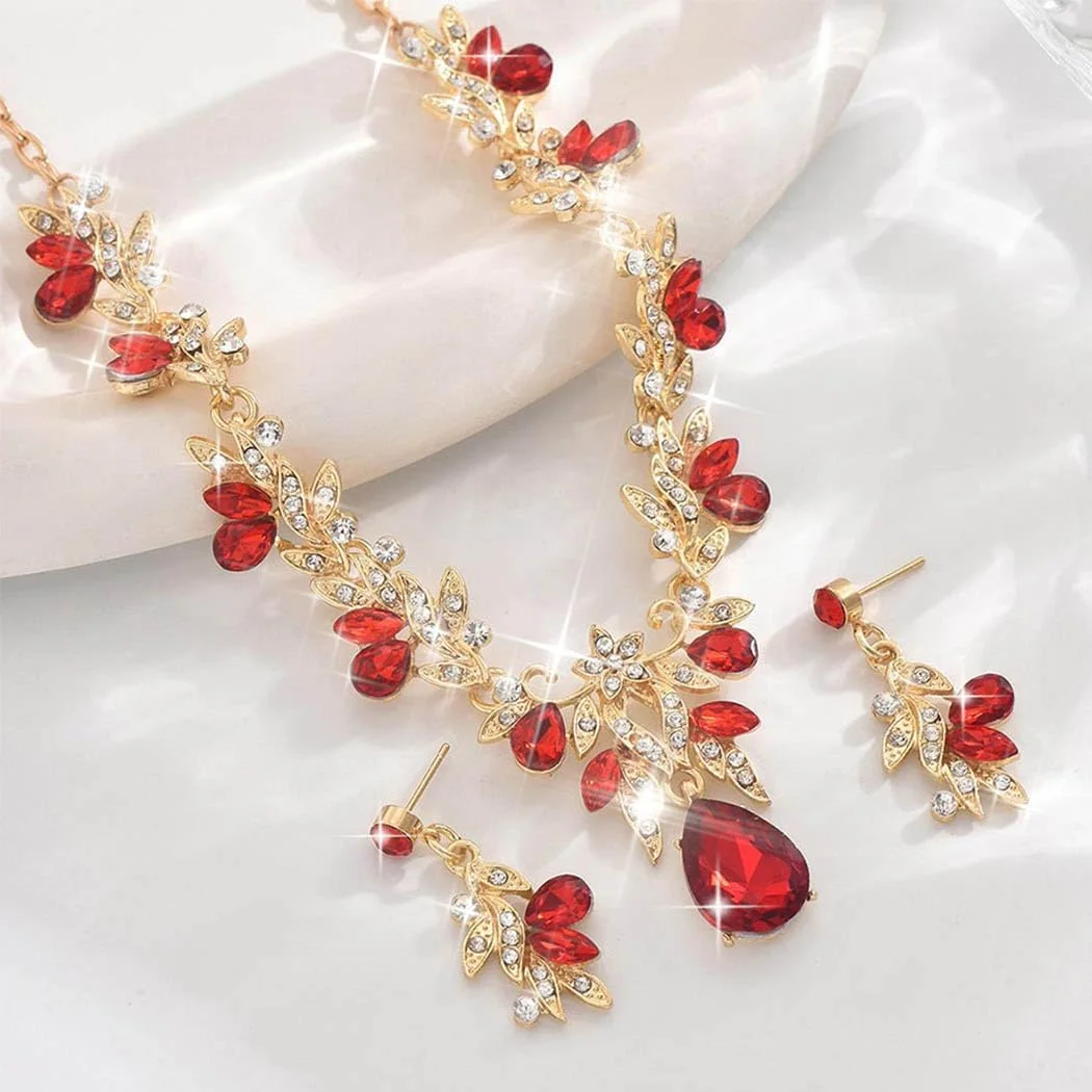ست جواهرات عروس نگین‌دار، گردنبند و گوشواره برگ طلایی شیک، جواهرات درخشان برای جشن‌ها و مراسم رسمی بانوان و عروس‌ها، ایده‌آل برای عروسی، مهمانی‌ها و مناسبت‌های ویژه (قرمز)