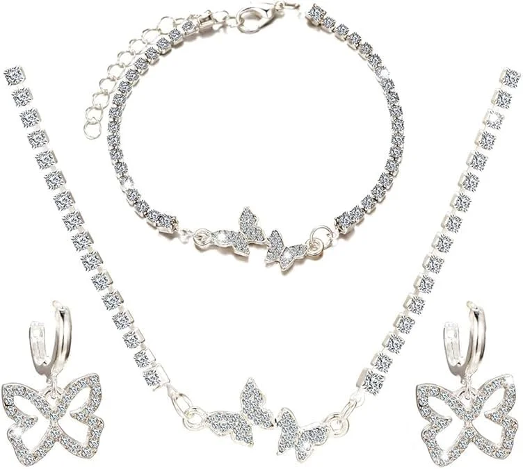 ست جواهرات پروانه ای نگین دار - گردنبند، دستبند و گوشواره های کریستالی نقره ای درخشان برای زنان - جواهرات ظریف، زیبا و درخشان با طراحی خیره کننده (3 تکه) ست جواهرات پروانه ای نگین دار - گردنبند، دستبند و گوشواره های کریستالی نقره ای درخشان برای زنان - جواهرات ظریف، زیبا و درخشان با طراحی خیره کننده (3 تکه)
