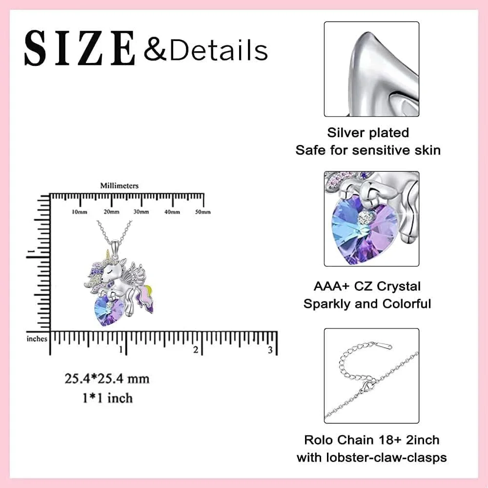 گردنبند آویز نقره استرلینگ 925، گردنبند دخترانه آویز کریستالی زیورآلات تک شاخ هدیه برای دختران، نوه، خواهرزاده، تولد