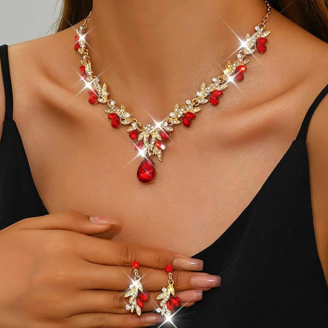ست جواهرات عروس نگین‌دار، گردنبند و گوشواره برگ طلایی شیک، جواهرات درخشان برای جشن‌ها و مراسم رسمی بانوان و عروس‌ها، ایده‌آل برای عروسی، مهمانی‌ها و مناسبت‌های ویژه (قرمز)