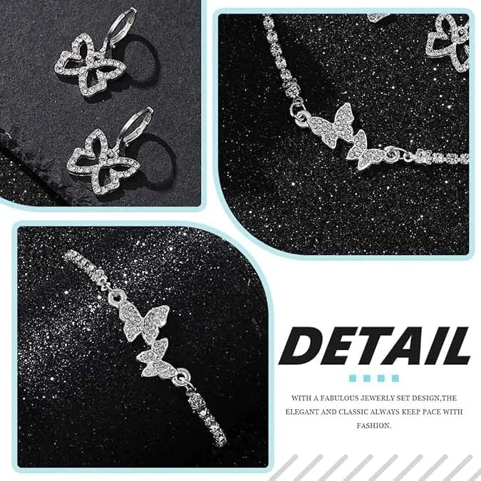 ست جواهرات پروانه ای نگین دار - گردنبند، دستبند و گوشواره های کریستالی نقره ای درخشان برای زنان - جواهرات ظریف، زیبا و درخشان با طراحی خیره کننده (3 تکه) ست جواهرات پروانه ای نگین دار - گردنبند، دستبند و گوشواره های کریستالی نقره ای درخشان برای زنان - جواهرات ظریف، زیبا و درخشان با طراحی خیره کننده (3 تکه)