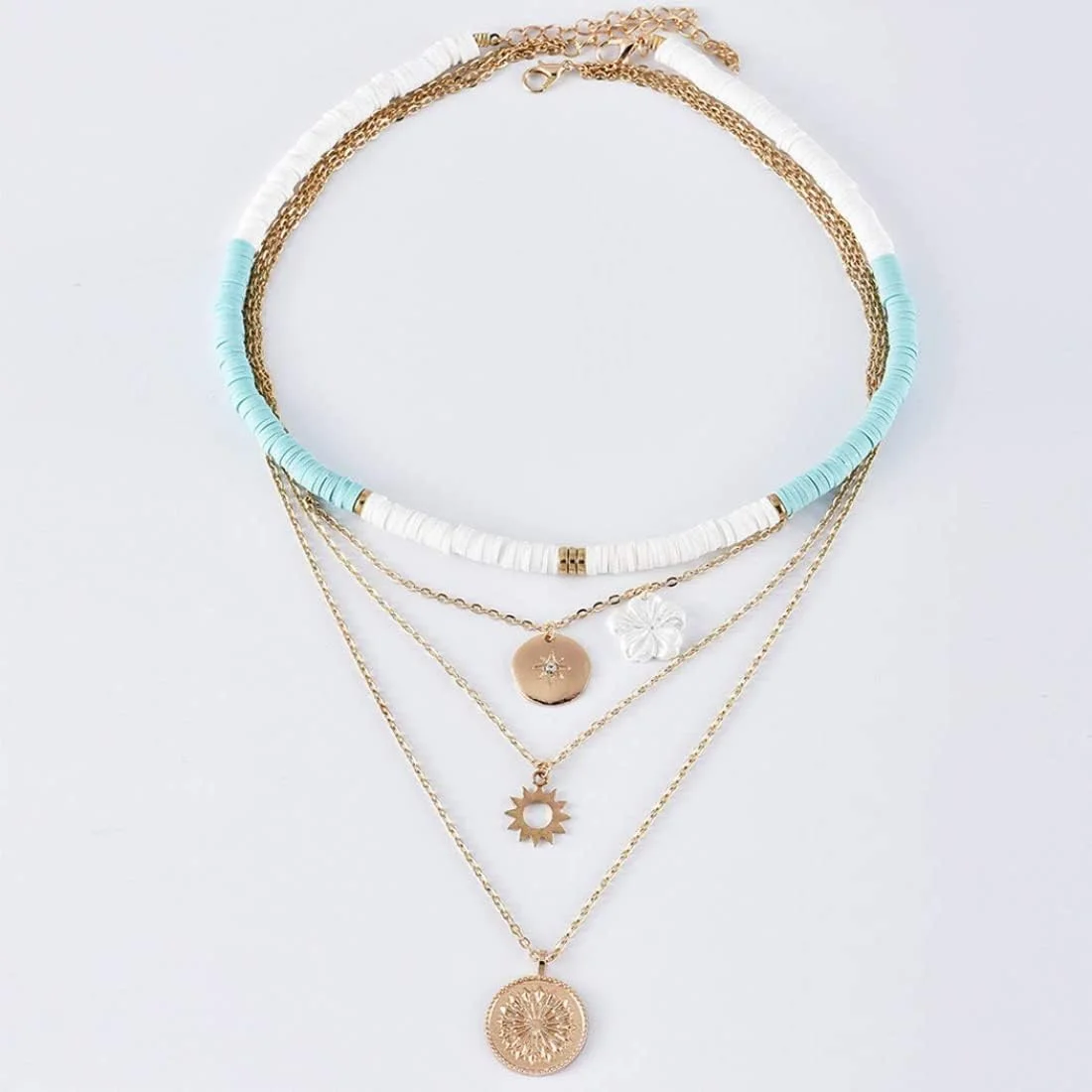 گردنبند لایه ای چوکر سفید با آویز گل و خورشید طلایی، زیورآلات شیک و زیبا با زنجیر گلدار برای مهمانی، جشن و هدیه به دختران و زنان گردنبند لایه ای چوکر سفید با آویز گل و خورشید طلایی، زیورآلات شیک و زیبا با زنجیر گلدار برای مهمانی، جشن و هدیه به دختران و زنان