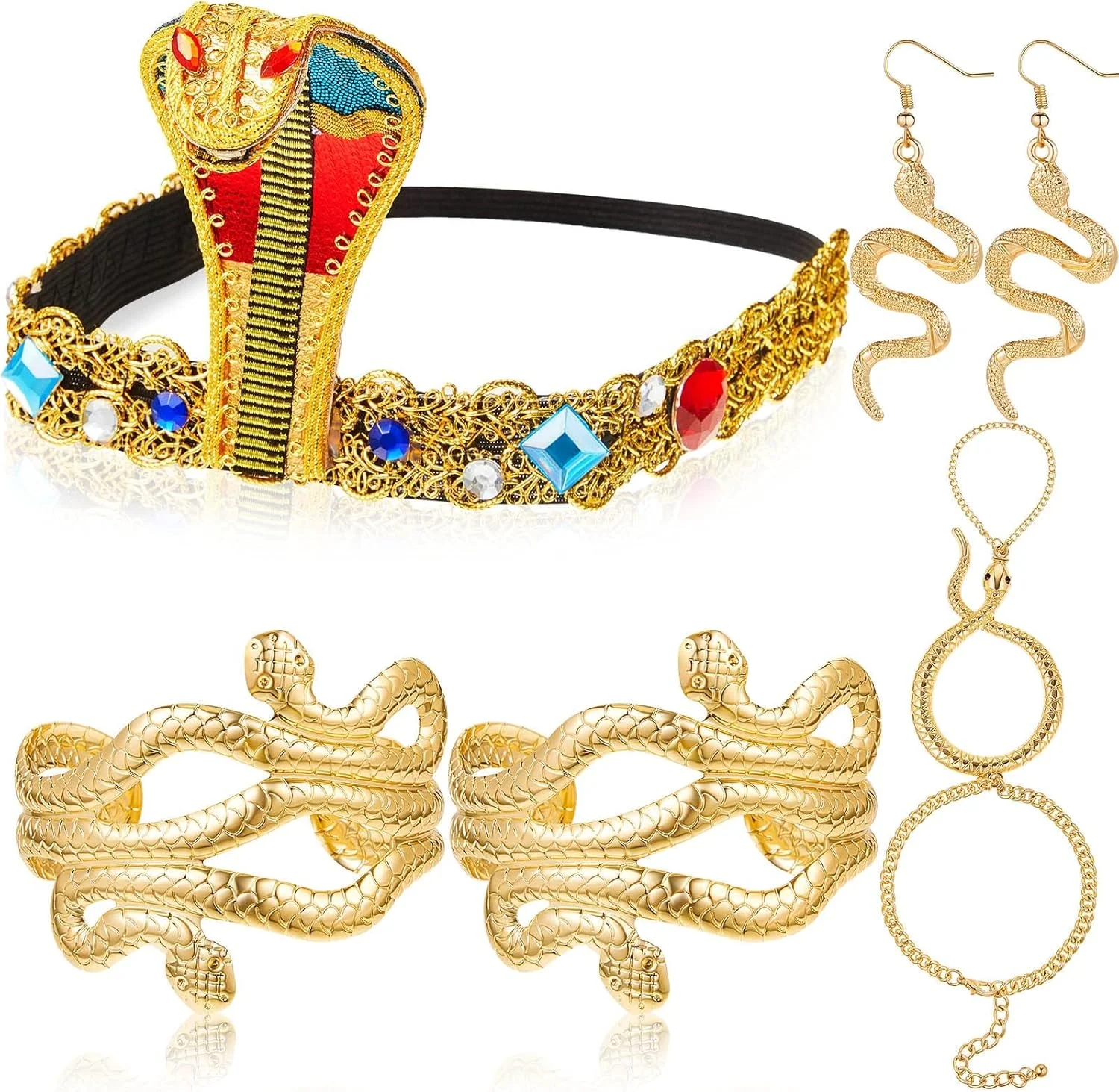 اکسسوری های لباس سر مصری، 5 تکه سربند فلزی مصری، دستبند مار، گوشواره مار و سربند فلزی مصری، برای لوازم لباس کازپلی مصر اکسسوری های لباس سر مصری، 5 تکه سربند فلزی مصری، دستبند مار، گوشواره مار و سربند فلزی مصری، برای لوازم لباس کازپلی مصر