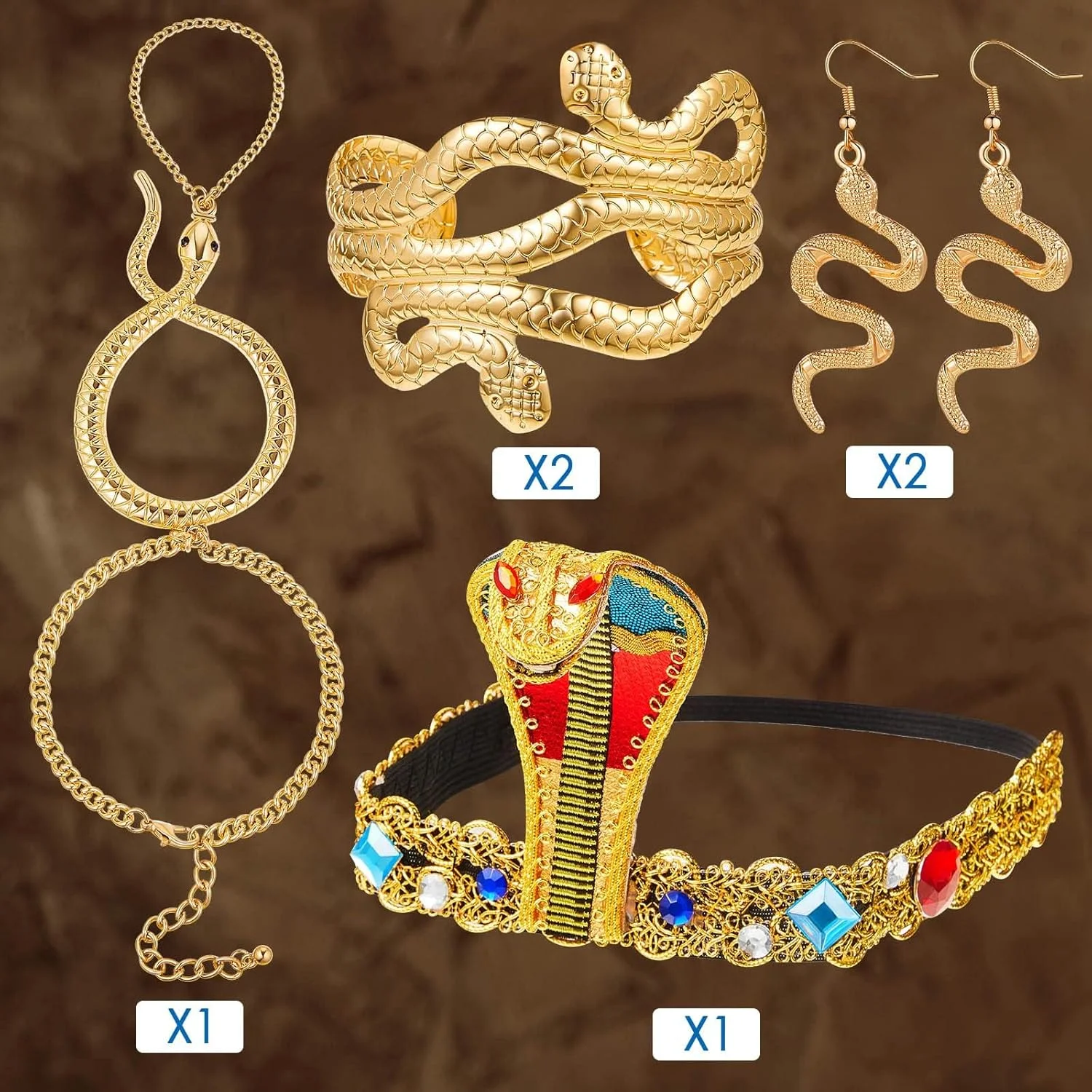اکسسوری های لباس سر مصری، 5 تکه سربند فلزی مصری، دستبند مار، گوشواره مار و سربند فلزی مصری، برای لوازم لباس کازپلی مصر