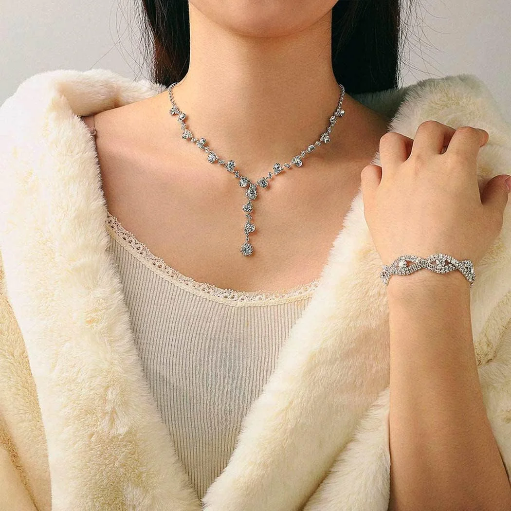 ست زیورآلات عروس تریفی، گردنبند، دستبند و گوشواره کریستالی، ست زیورآلات مجلسی، برای زنان و دختران، اکسسوری موی عروس (3 تکه)