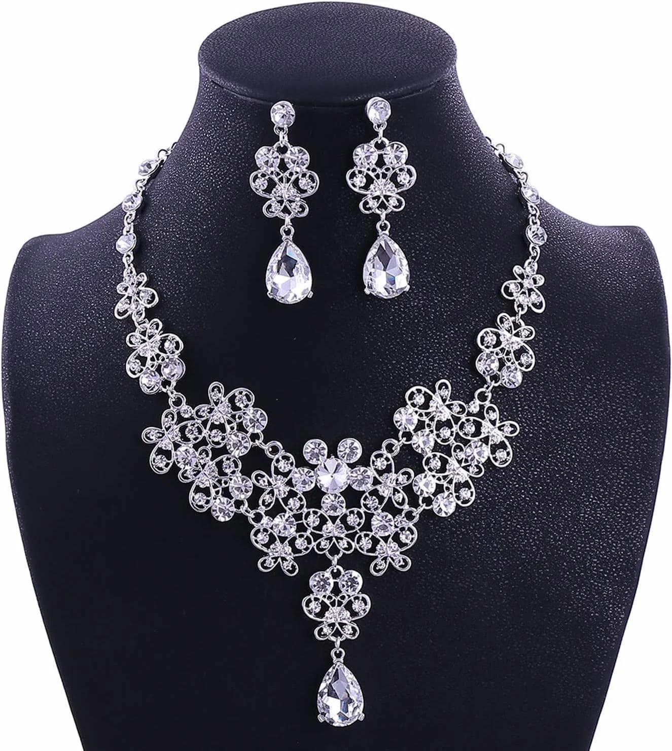 ست جواهرات عروس کریستالی زنانه، گردنبند و گوشواره نگین دار و تاج، لوازم جانبی لباس عروسی درخشان، جواهرات جشن و مهمانی، هدیه ساقدوش عروس، ست عروس براق و شیک