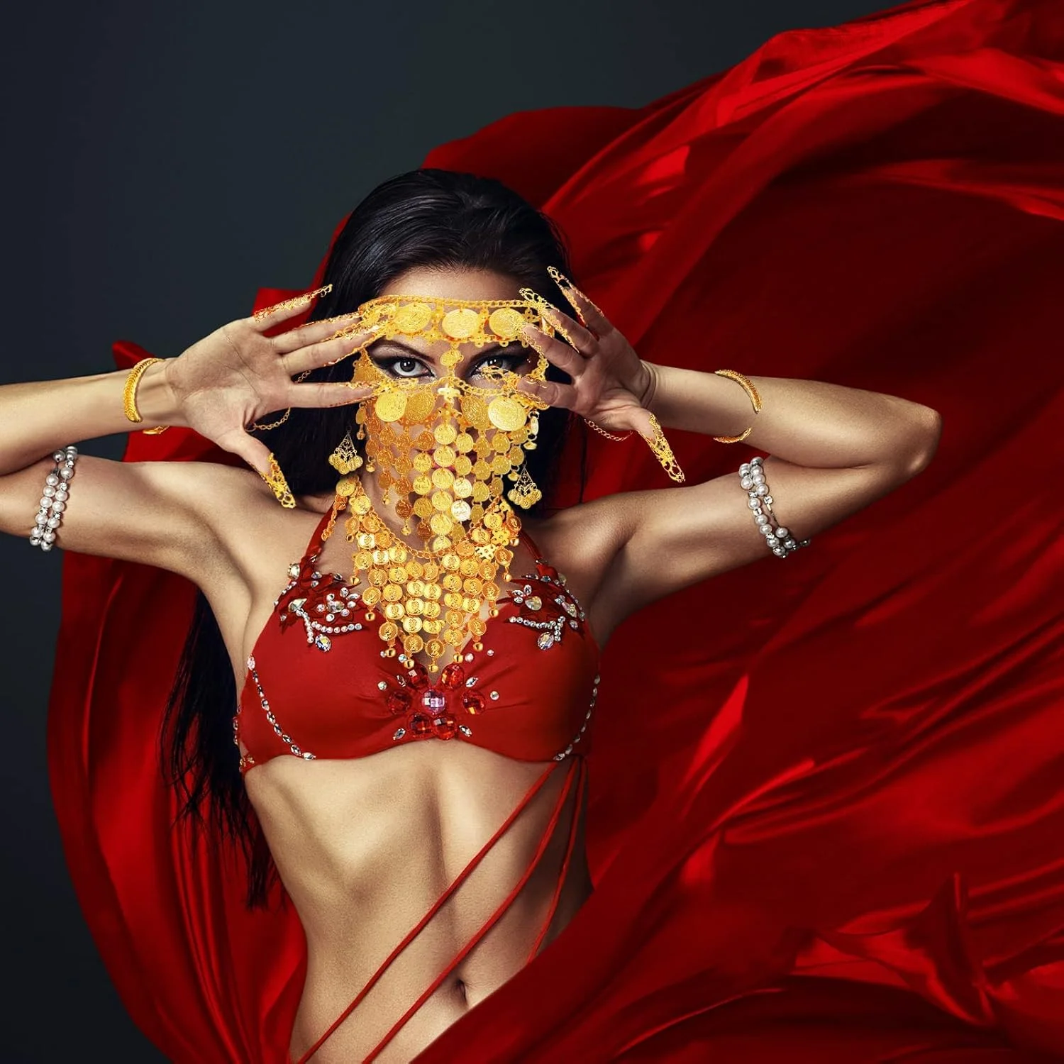 ست زیورآلات رقص شکم TERRIFI زنانه، زنجیر سر پولکی طلایی، گردنبند سکه ای، گوشواره، دستبند، زنجیر مچ پا منگوله دار بوهمی، حلقه دست، دستبند، زنجیر مچ پا، گردنبند سکه ای رقص شکم