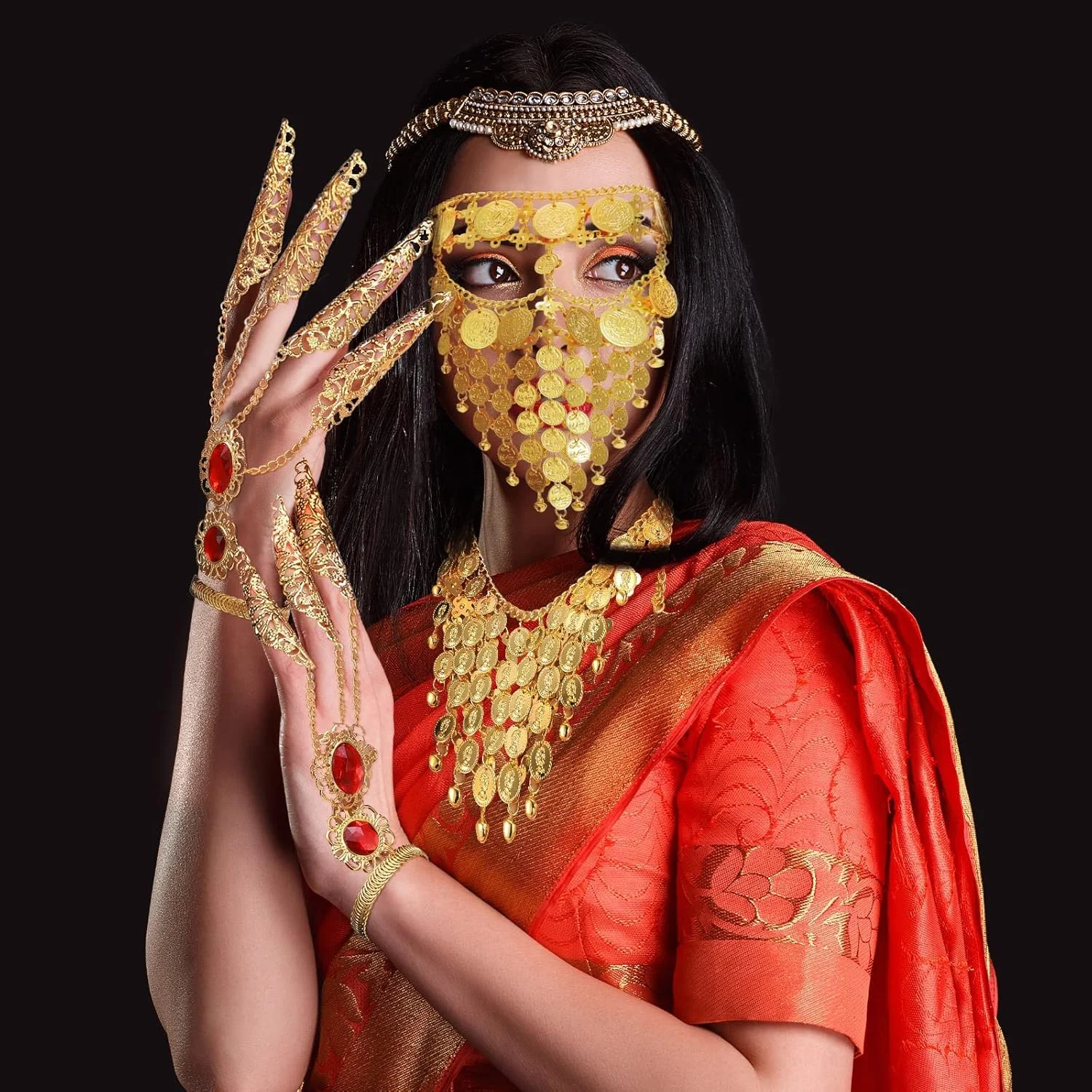 ست زیورآلات رقص شکم TERRIFI زنانه، زنجیر سر پولکی طلایی، گردنبند سکه ای، گوشواره، دستبند، زنجیر مچ پا منگوله دار بوهمی، حلقه دست، دستبند، زنجیر مچ پا، گردنبند سکه ای رقص شکم