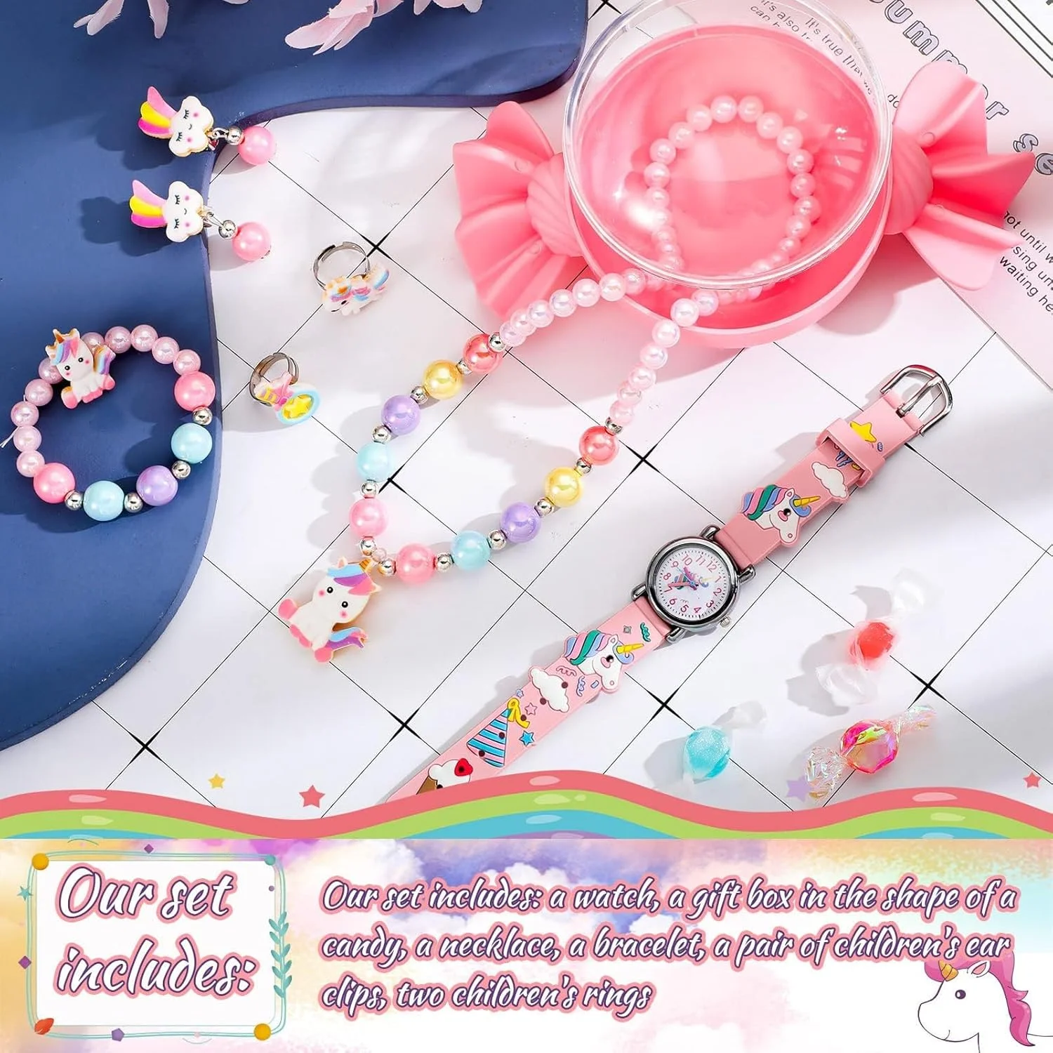 ست ساعت مچی کارتونی سه بعدی کودکانه با گردنبند، دستبند، گوشواره و انگشتر تک شاخ صورتی – ساعت مچی سیلیکونی ضد آب با بند قابل تنظیم، طرح های سرگرم کننده تک شاخ، پروانه و حیوانات برای دختران و پسران 3 تا 10 ساله