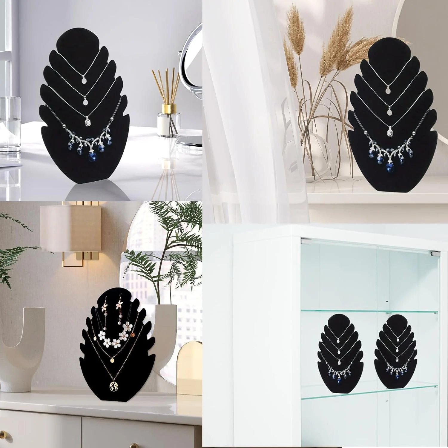 استند نمایش جواهرات برای گردنبند و آویز، 2 عدد نگهدارنده مخملی گردنبند با 5 شکاف برای آویزان کردن گوشواره، آویز، چوکر، سازمان دهنده نمایش زنجیر برای ویترین و استفاده خرده فروشی (مشکی)