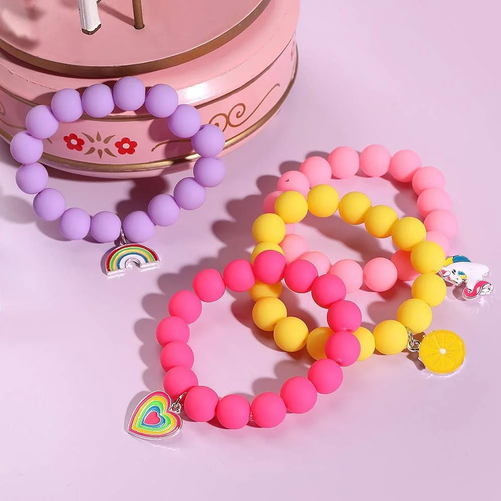 دستبند آویز مهره ای تک شاخ تریفی برای دختر بچه، 6 عددی، دستبند دوستی با آویزهای قلب، گل آفتابگردان، شهاب سنگ و هیولای رنگین کمانی، هدیه ای برای دوست خوب