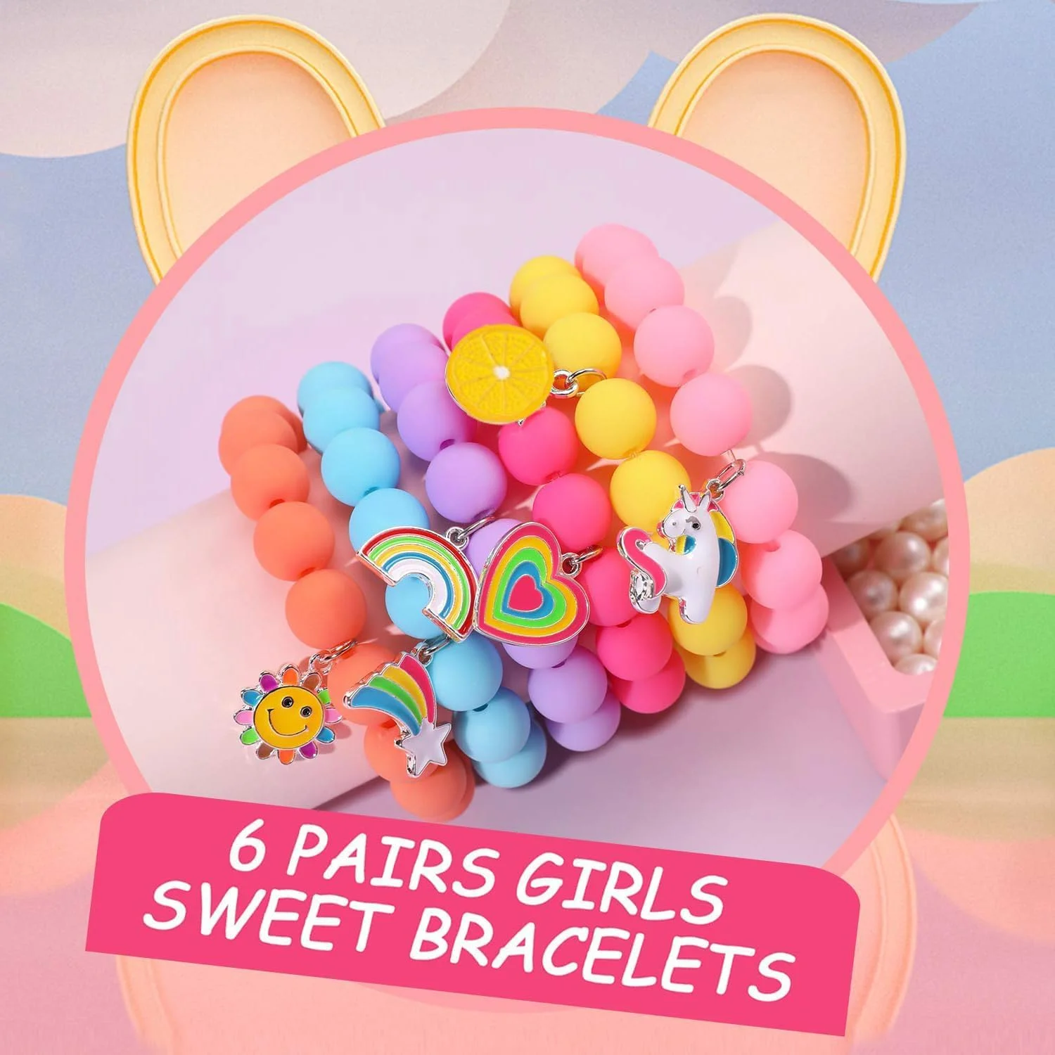 دستبند آویز مهره ای تک شاخ تریفی برای دختر بچه، 6 عددی، دستبند دوستی با آویزهای قلب، گل آفتابگردان، شهاب سنگ و هیولای رنگین کمانی، هدیه ای برای دوست خوب