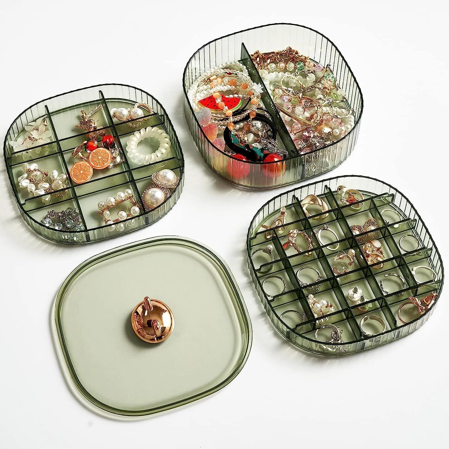 جعبه نظم دهنده گوشواره TERRIFI، جعبه جواهرات شفاف 3 لایه قابل چیدن با درب، استند نمایش جواهرات شفاف، نگهدارنده جعبه نمایش گوشواره برای انگشتر، گوشواره، گردنبند، دستبند (سبز)