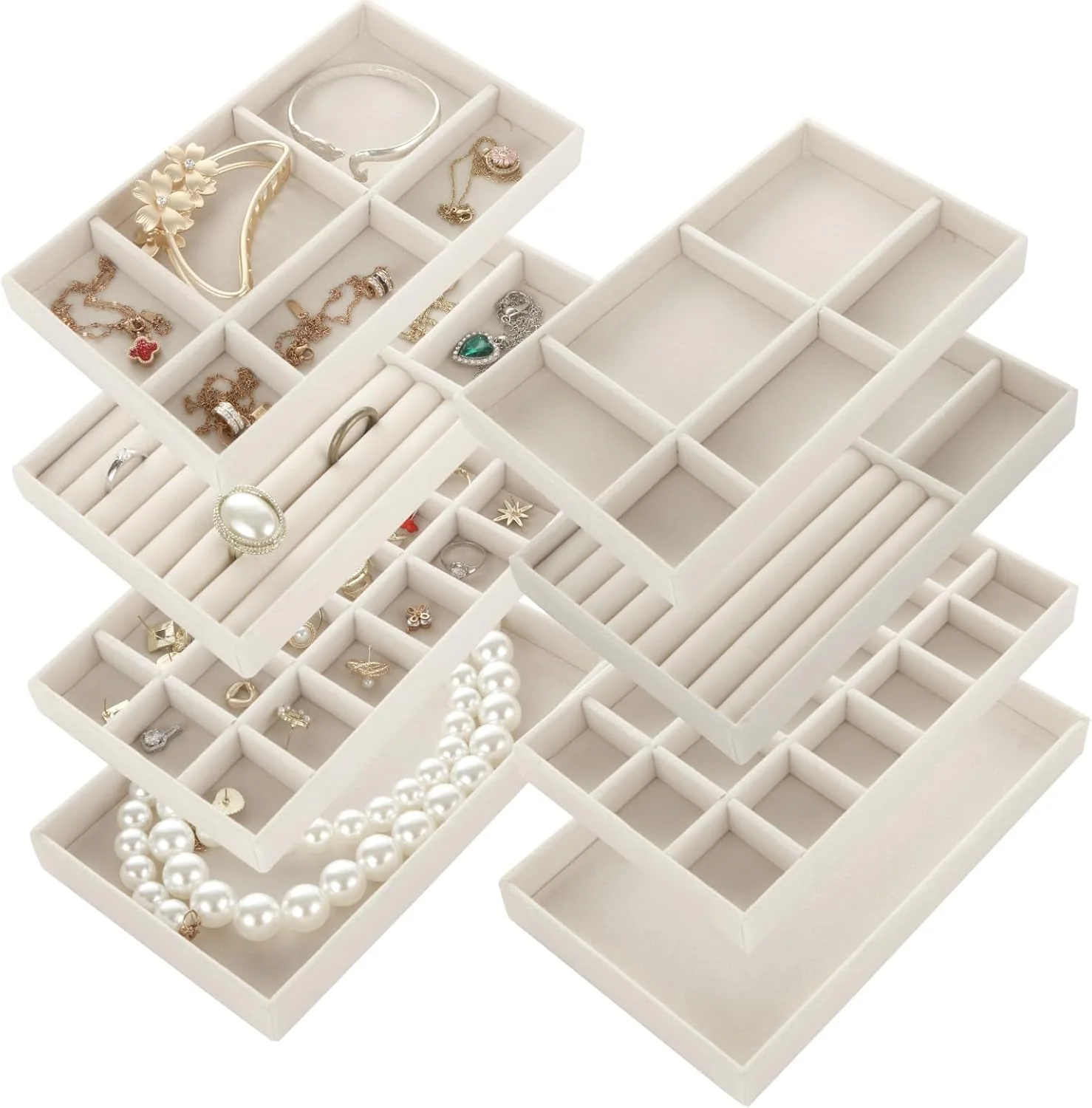 جعبه جواهرات 8 عددی TERRIFI برای کشو، جعبه نگهداری 21x12.3x2.5 سانتی‌متری بژ، مناسب برای سازماندهی گوشواره، گردنبند، دستبند، انگشتر و لوازم جانبی